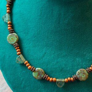 Swirly Glass and Metal Beaded Necklace with Reclaimed Vintage Beads